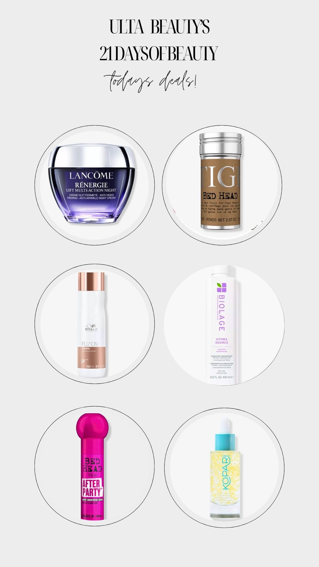 Beauty lovers, this is your moment! Day 4 of Ulta Beauty’s 21 Days of Beauty is happening — and the steals are HOT. 🔥 Starting now (at 12 AM CT), enjoy 50% OFF select fan-favorite products that will elevate your makeup, skincare, hair, and fragrance game. But hurry — these deals are available today only! ⏰

Here’s what’s on sale TODAY, SEPTEMBER 1:
	•	Lancôme Rénergie collection
	•	ELEMIS Pro-Collagen Hydrating Night Cream
	•	MAC Color Excess Gel Pencil Eyeliner
	•	Wella Fusion & Invigo collections
	•	MUGLER Alien Goddess Supra Florale EDP (Only at Ulta)
	•	Bed Head Select Stylers
	•	Biolage HydraSource Shampoo & Conditioner
	•	Madison Reed Hair Color (Online only)
	•	PÜR Mellow Eyes Hydrogel Eye Patches (Online only)
	•	IT Brushes for Ulta Star Foundation Brush (Only at Ulta)
	•	Kopari Beauty Star Bright Vitamin C Serum
	•	Persona Lip Liner (Online only)

Grab your wishlist and set a midnight alarm—because the best beauty steals of the year are HERE! Don’t forget to check back tomorrow for more can’t-miss deals. Tag us in your haul posts! 💄✨

#Ulta21DaysOfBeauty #BeautySteals #SaleDay #UltaBeauty #MakeupDeals #SkincareSale #HaircareDeals

#LTKBeauty #LTKSaleAlert #LTKFindsUnder50