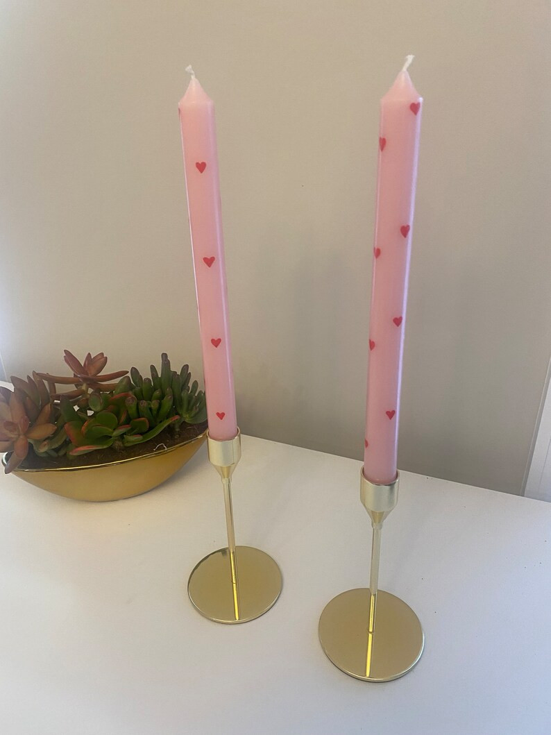 2 Pink Taper Candles w/ Handpainted Red Hearts 10” Table Decor Anniversary Decor Valentines Day... | Etsy (US)