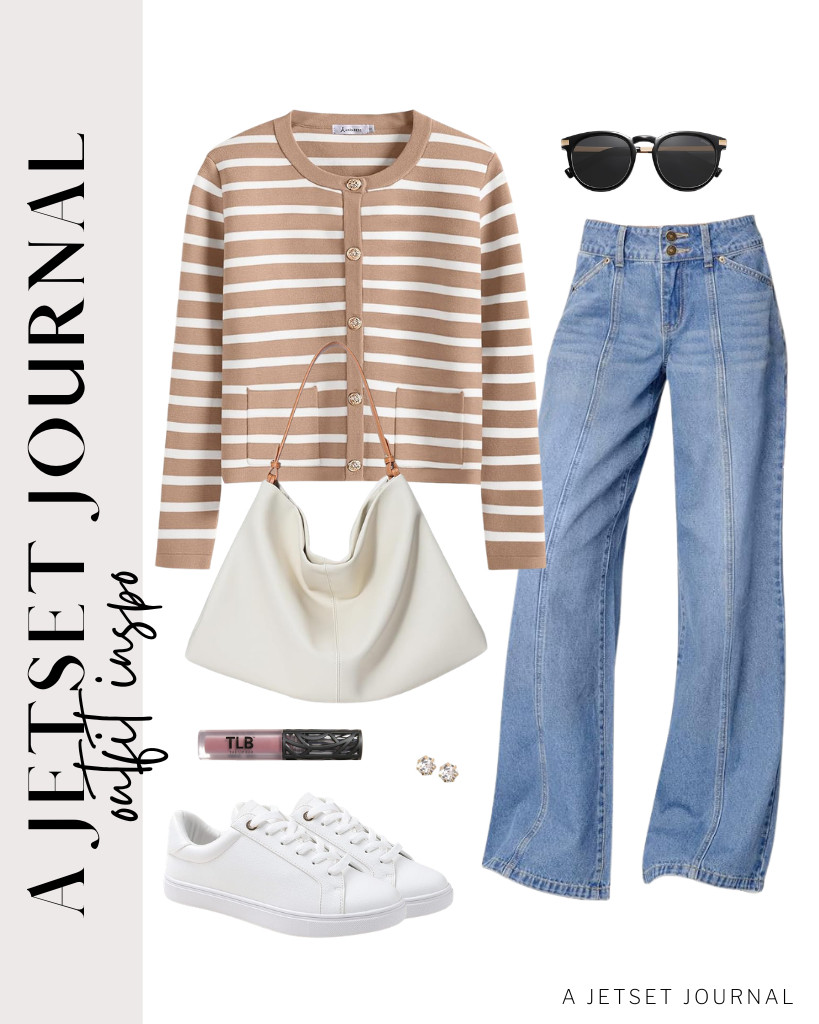 This striped ANRABESS cardigan pairs perfectly with wide-leg jeans and FEVERSOLE sneakers. To carry your essentials, use this stylish tote bag and don’t forget to wear polarized sunglasses from SOJOS. 

 #LTKSeasonal #LTKSaleAlert #LTKTravel