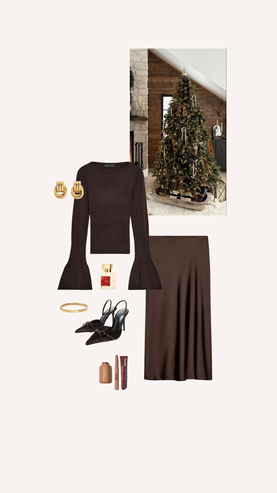 Christmas Day outfit ideas ✨🤎 

satin skirt, brown outfit, velvet heels, gold jewellery, rhode, brown knit, Zara 