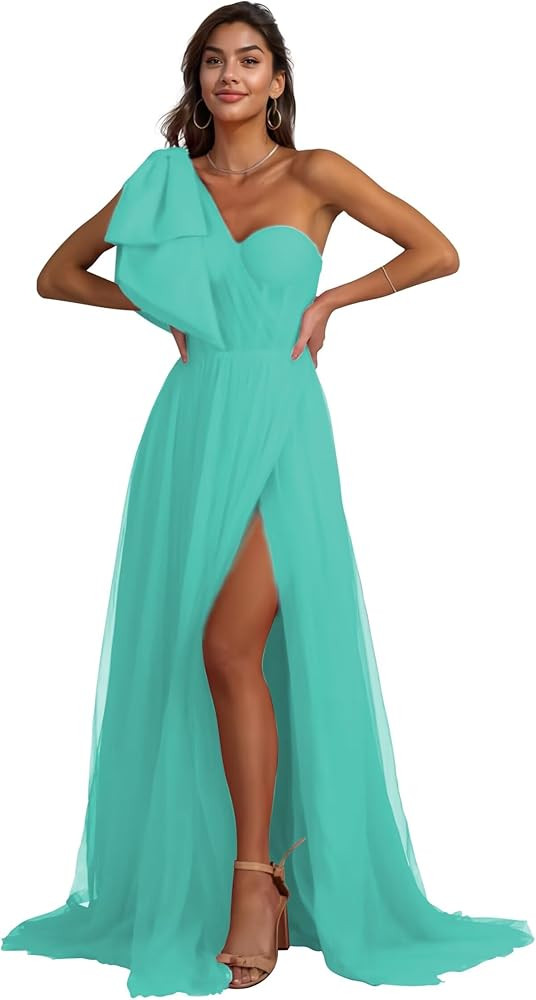 One Shoulder Tulle Prom Dresses with Bow 2024 for Women Long Corset Ball Gown with Slit | Amazon (US)