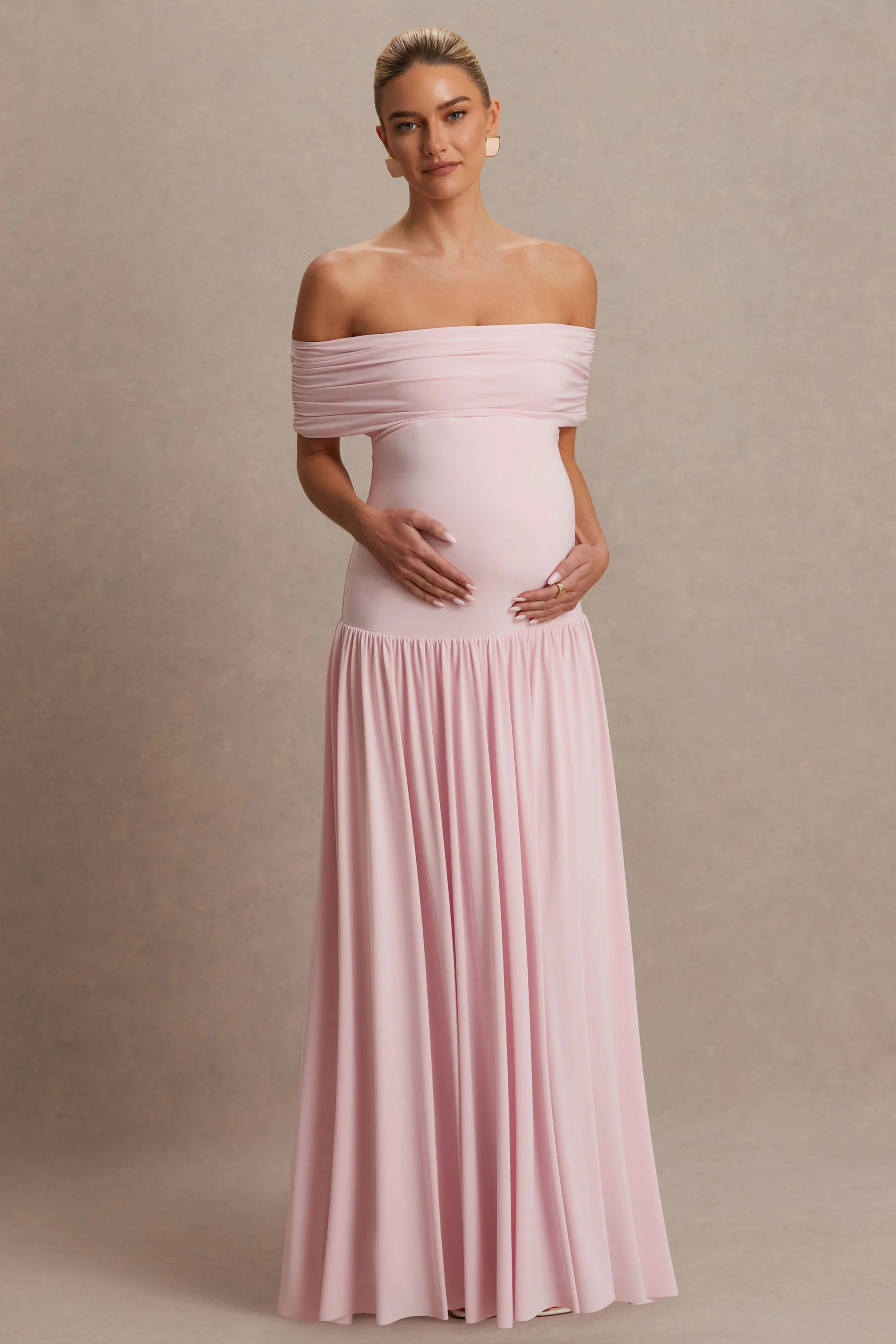 Juliette | Blush Pink Jersey Ruched Bardot Maternity Maxi Dress With D | Club L London