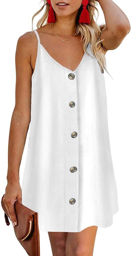 Feiersi Women Summer Beach Casual Spaghetti Strap Button Down Sleeveless Mini Dress | Amazon (US)