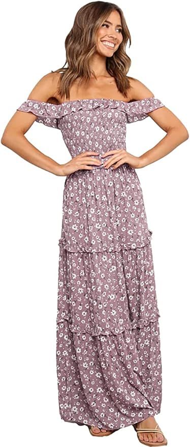 Anna-Kaci Women's Casual Off Shoulder Ruffle Dress Boho Floral Print Summer Beach Maxi Dresses | Amazon (US)