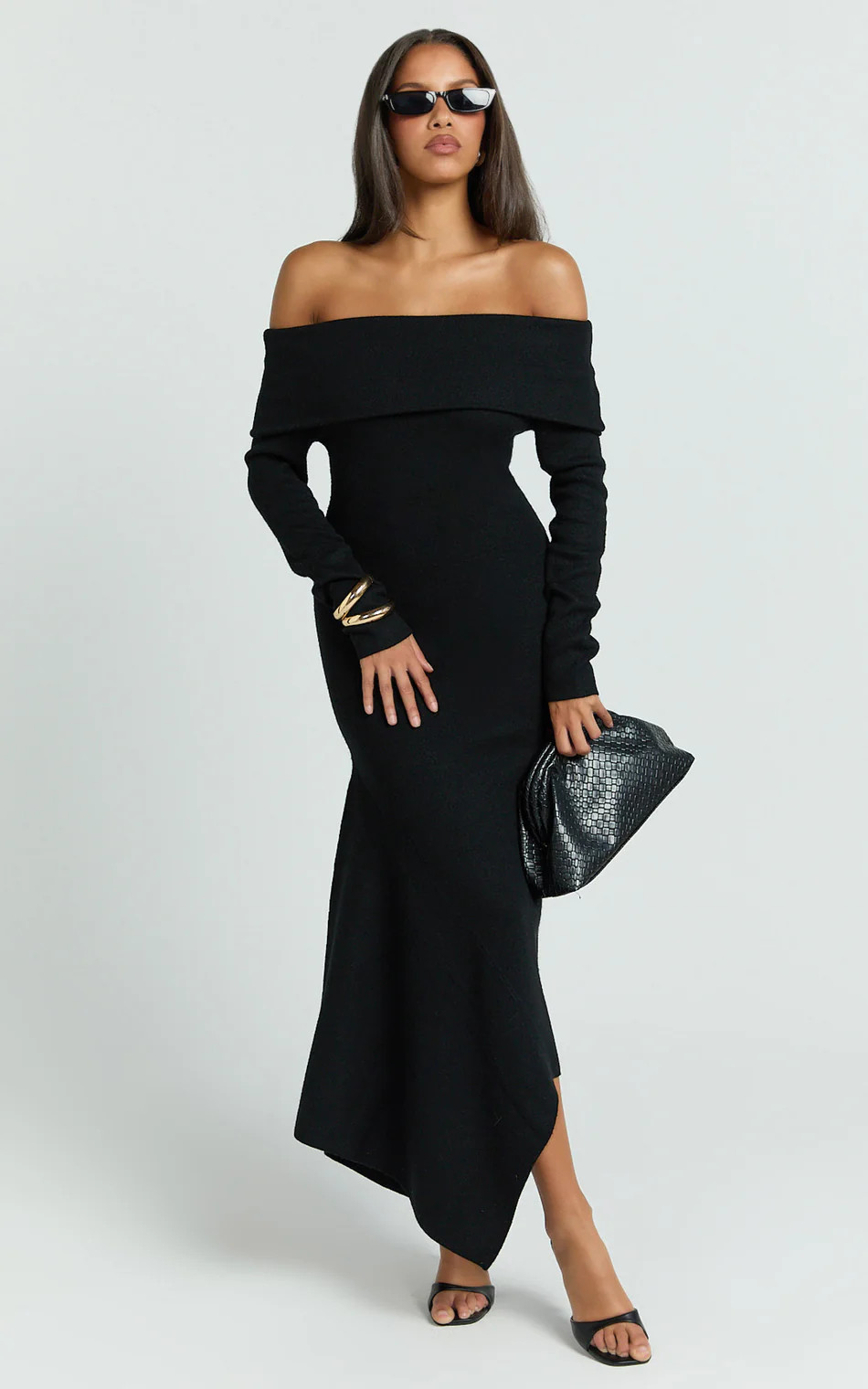 Karina Midi Dress - Long Sleeve Folded Off Shoulder Asymmetric Dress in Black | Showpo (US, UK & Europe)