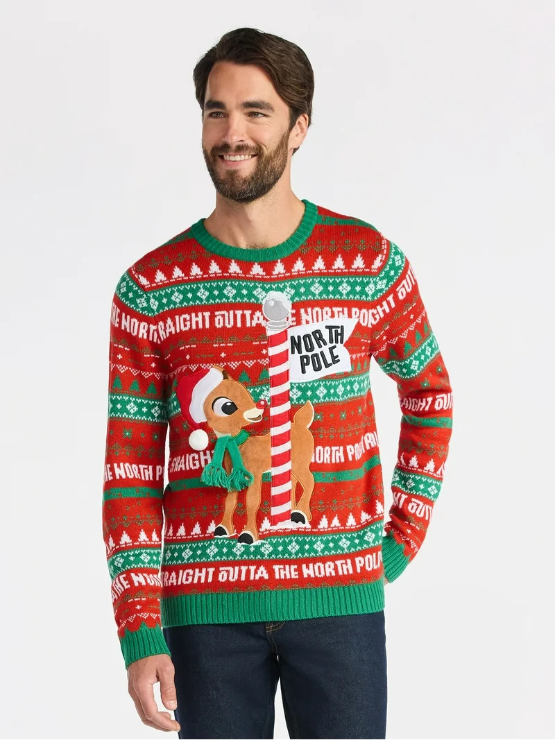 Rudolph The Red-Nosed Reindeer Men's North Pole Christmas Sweater, Midweight, Sizes S-3XL | Walmart (US)