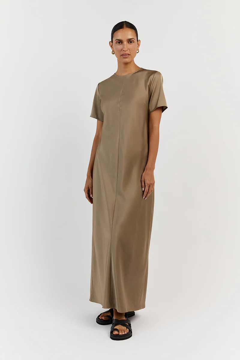 BLOOM MOSS SATIN SLEEVE MIDI DRESS | DISSH