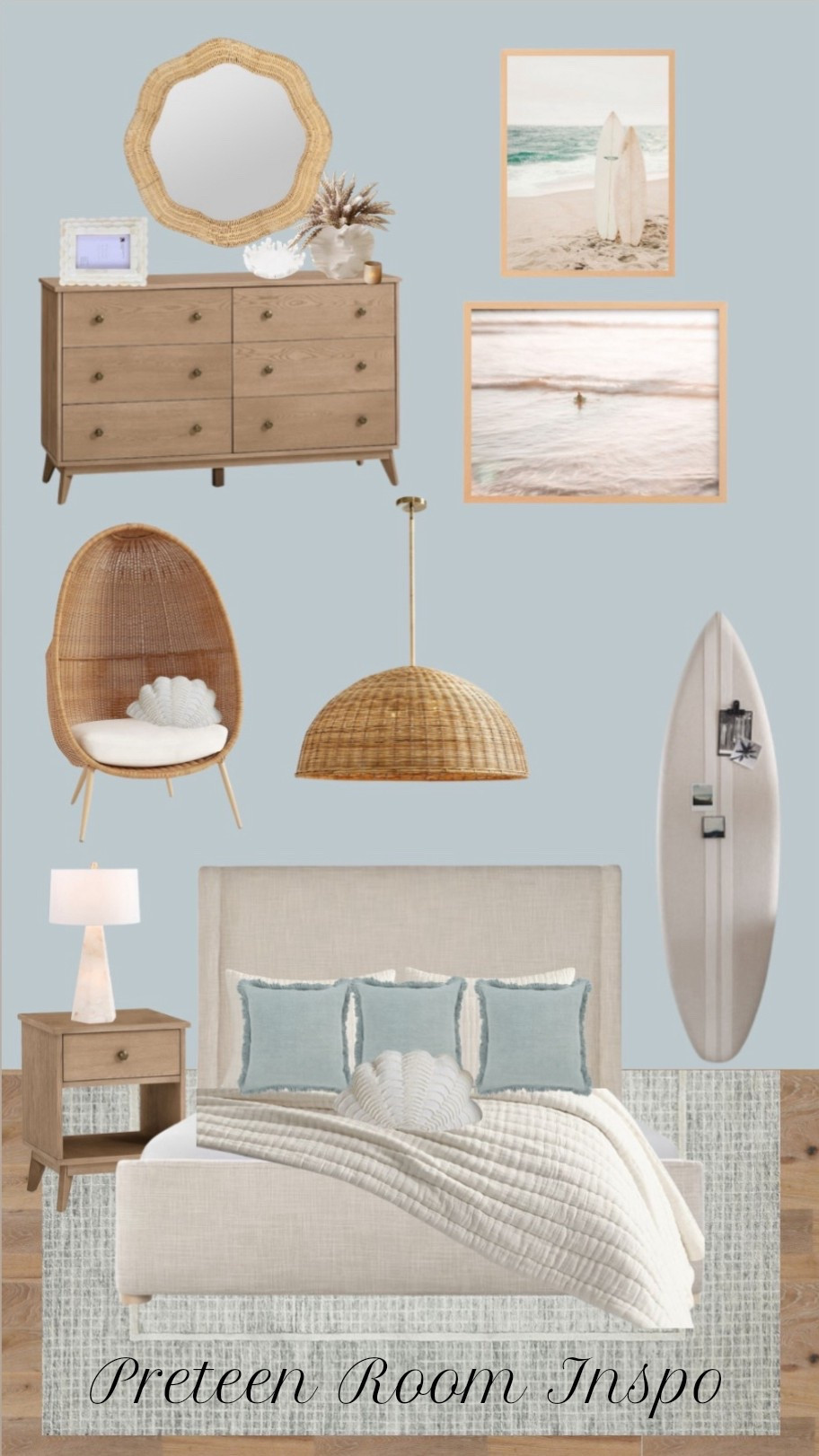 Does your preteen need a room makeover? Mine did! After having the same furniture for over eight years, it was time to refresh my daughter‘s space. We purchased most of these items and I’ve linked others that are similar. We are going for an airy beach theme.

Preteen room-preteen room idea-preteen room inspiration-pottery Barn-pottery Barn teen-egg chair-woven light fixture-framed artwork-alabaster lamp-matching dresser and nightstand-shell pillow-blue area rug-beach theme

#LTKStyleTip #LTKHome #LTKSeasonal