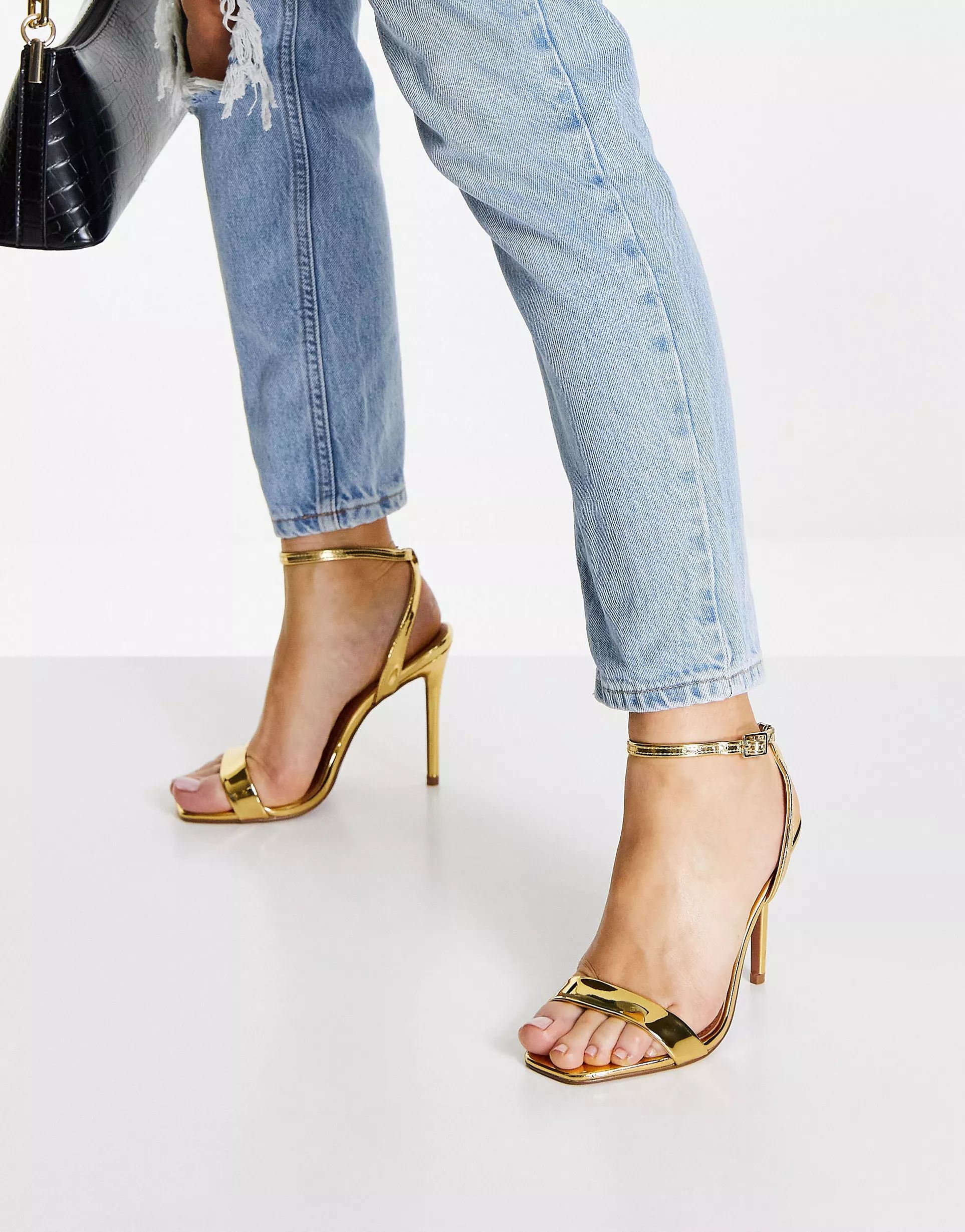 ASOS DESIGN Neva barely there heeled sandals in gold | ASOS (Global)