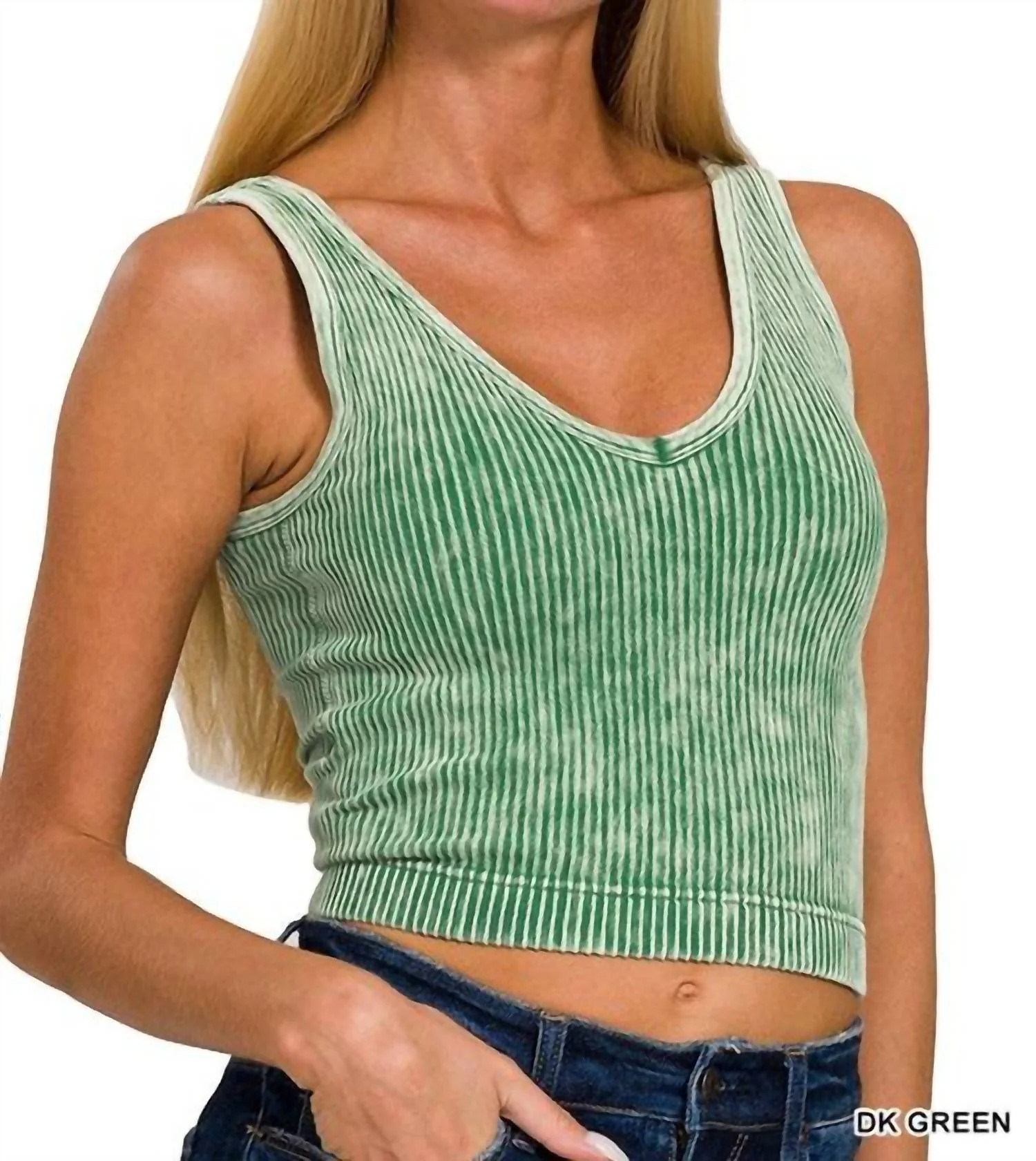Ribbed Cropped V-Neck Bra Tank Top In Dark Green | Shop Simon