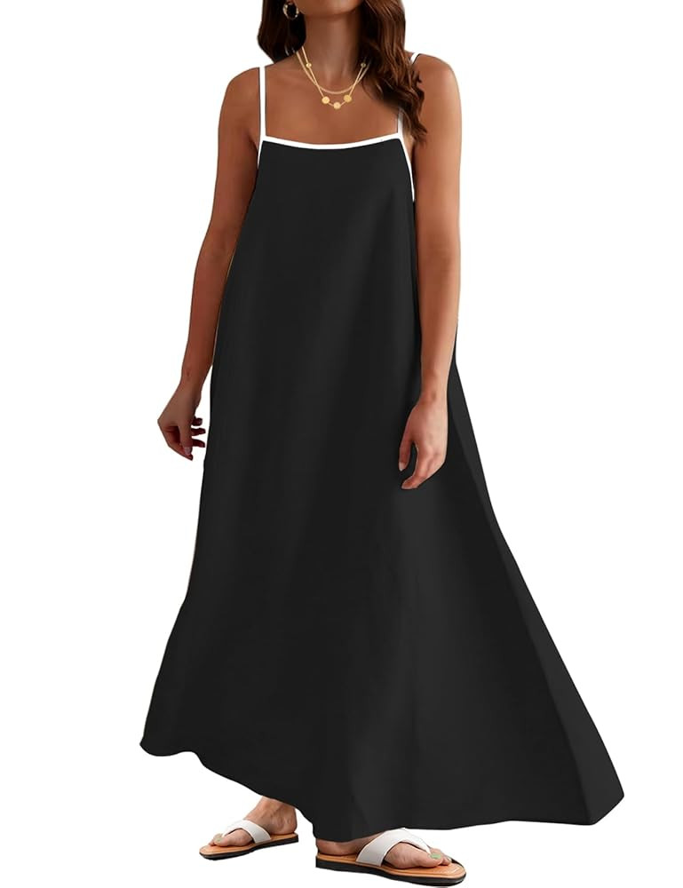 Womens Summer Maxi Dress 2025 Spaghetti Strap Dress Linen Sleeveless Backless Flowy Long Beach Dr... | Amazon (US)