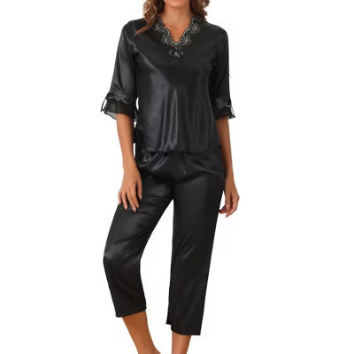 cheibear Women's Satin Silky 3/4 Sleeve Shirt with Long Pajama Pant Soft Pajama Set Black Medium | Target