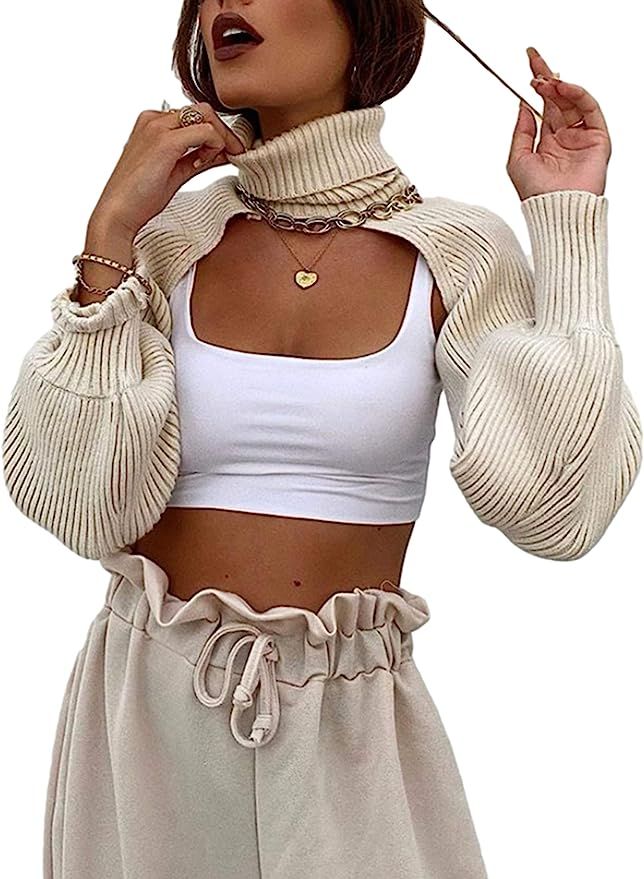 UANEO Womens Super Cropped Sweater Turtleneck Long Sleeve Bolero Shrug (Beige, Small) at Amazon W... | Amazon (US)