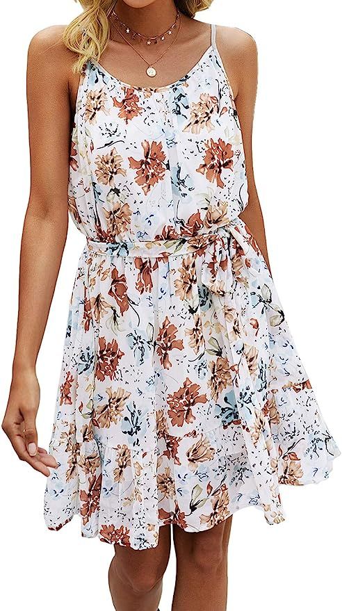 PRETTYGARDEN Women’s Summer Spaghetti Strap Dresses Floral Print Crewneck Sleeveless Ruffle Min... | Amazon (US)