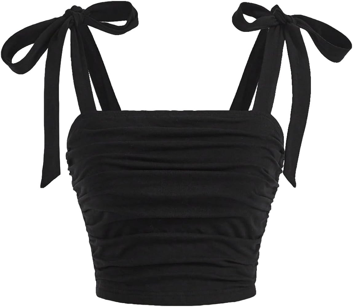 Verdusa Women's Knot Tie Shoulder Neck Sleeveless Ruched Crop Cami Tops | Amazon (US)