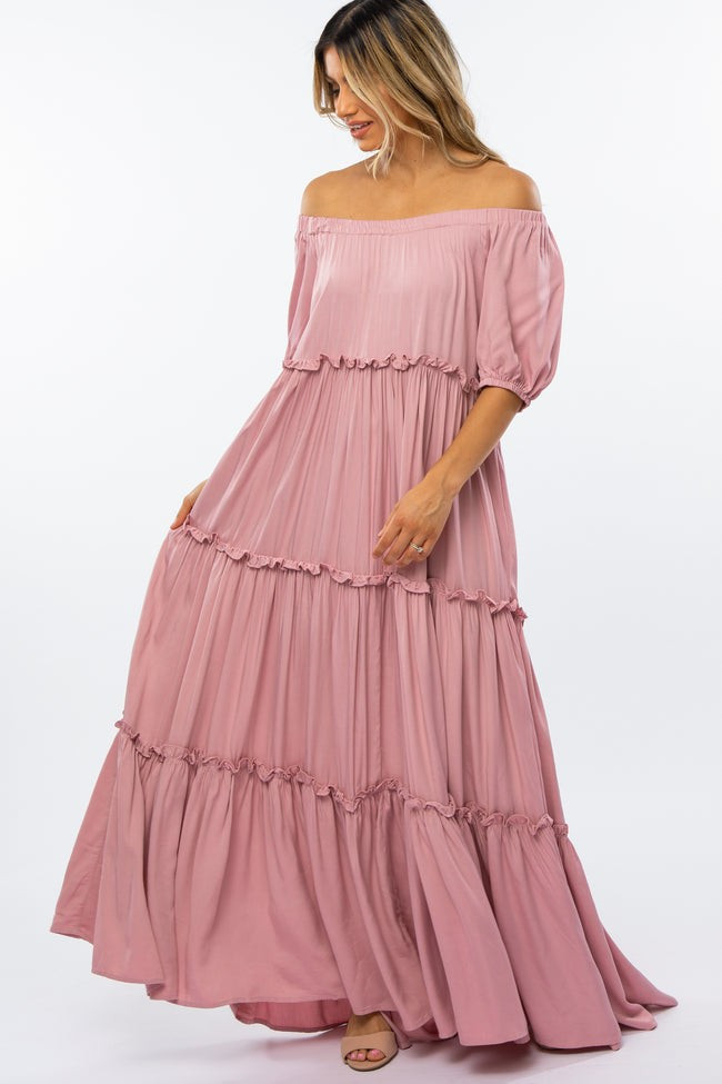 Mauve Off Shoulder Ruffle Tiered Maternity Maxi Dress | PinkBlush Maternity