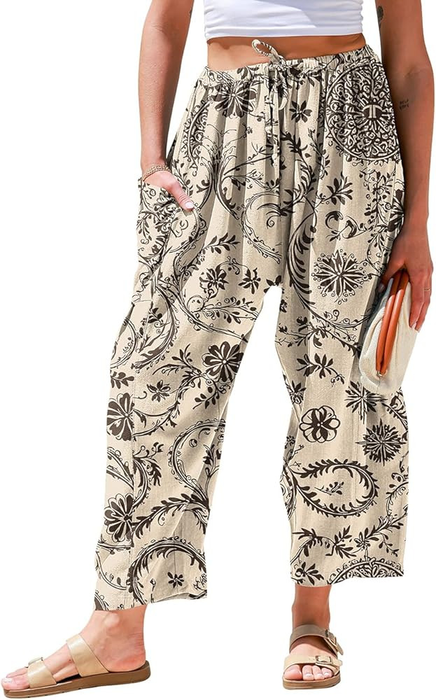 TARSE Womens Linen Wide Leg Pants Casual Loose Drawstring Summer 2026 Beach Travel Vacation Palaz... | Amazon (US)