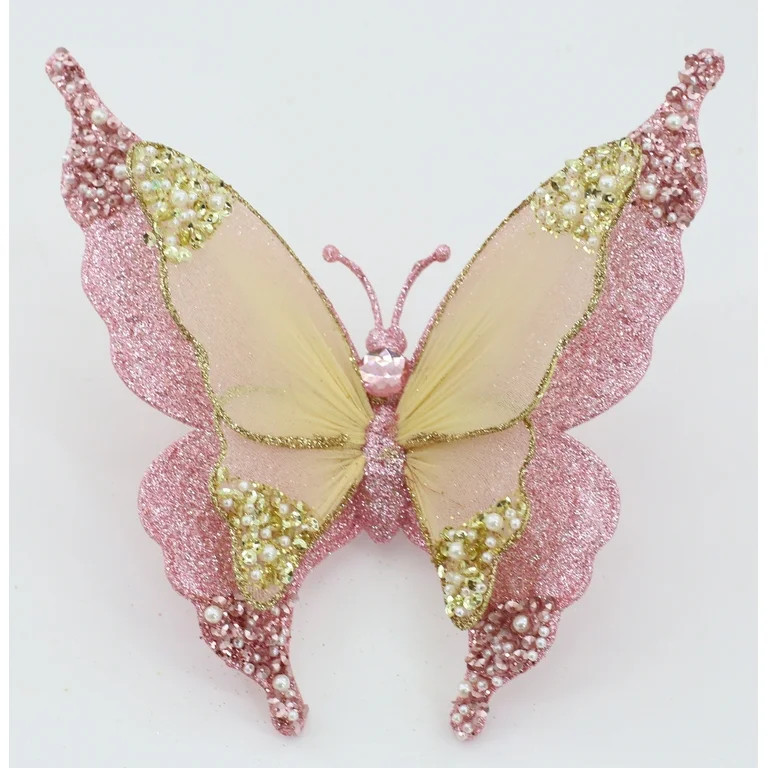Pink and Gold Glitter Butterfly Decorative Christmas Clip, 7.8 in, by Holiday Time | Walmart (US)