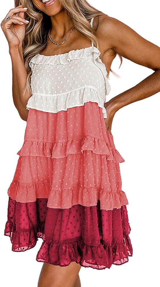 Women's Summer Casual Spaghetti Strap Dress Color Block Swiss Dot Flowy Tiered Ruffle Babydoll Mi... | Amazon (US)