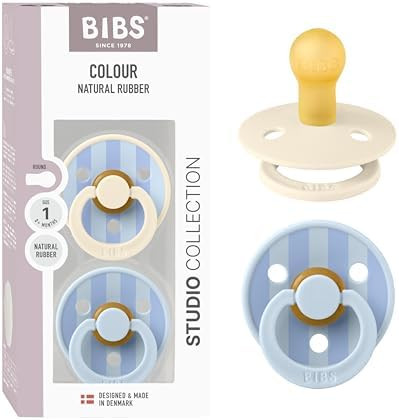 BIBS Pacifiers - Colour Studio 2 Pack | Round Nipple Baby Pacifier | BPA Free Natural Rubber Latex Soother | Made in Denmark | Size 0+ Months | Block Baby Blue Dusty Blue | Amazon (US)