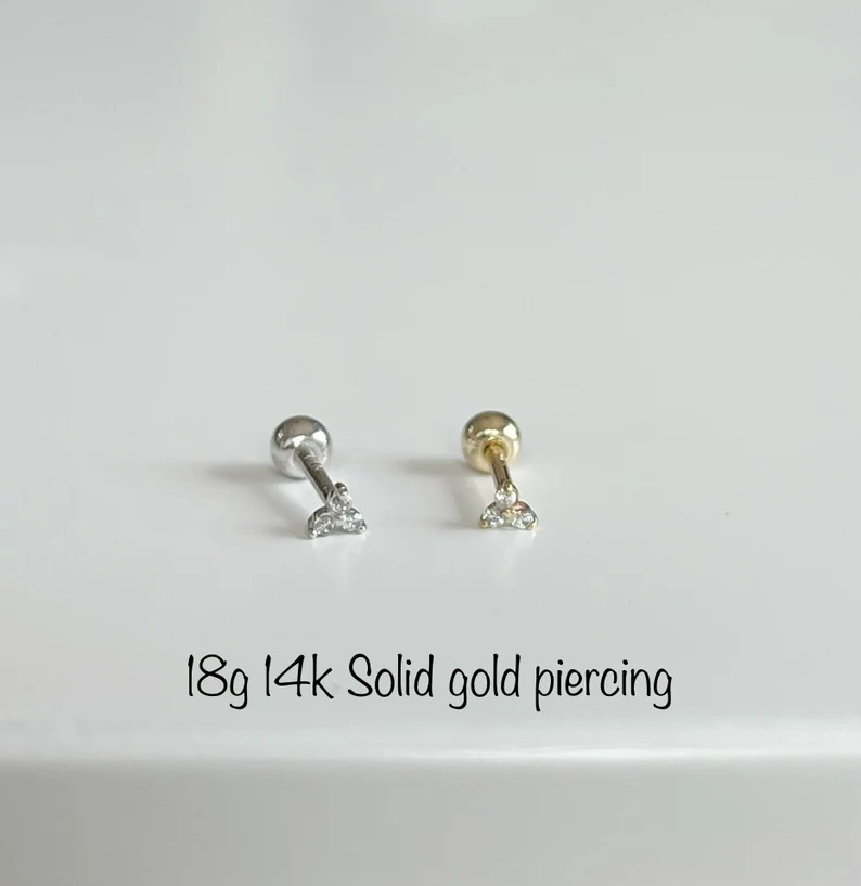 18g 14k Solid Gold Teeny Tiny Three Stones Piercing single, Trinity Minimalist Solid Gold Piercin... | Etsy (US)