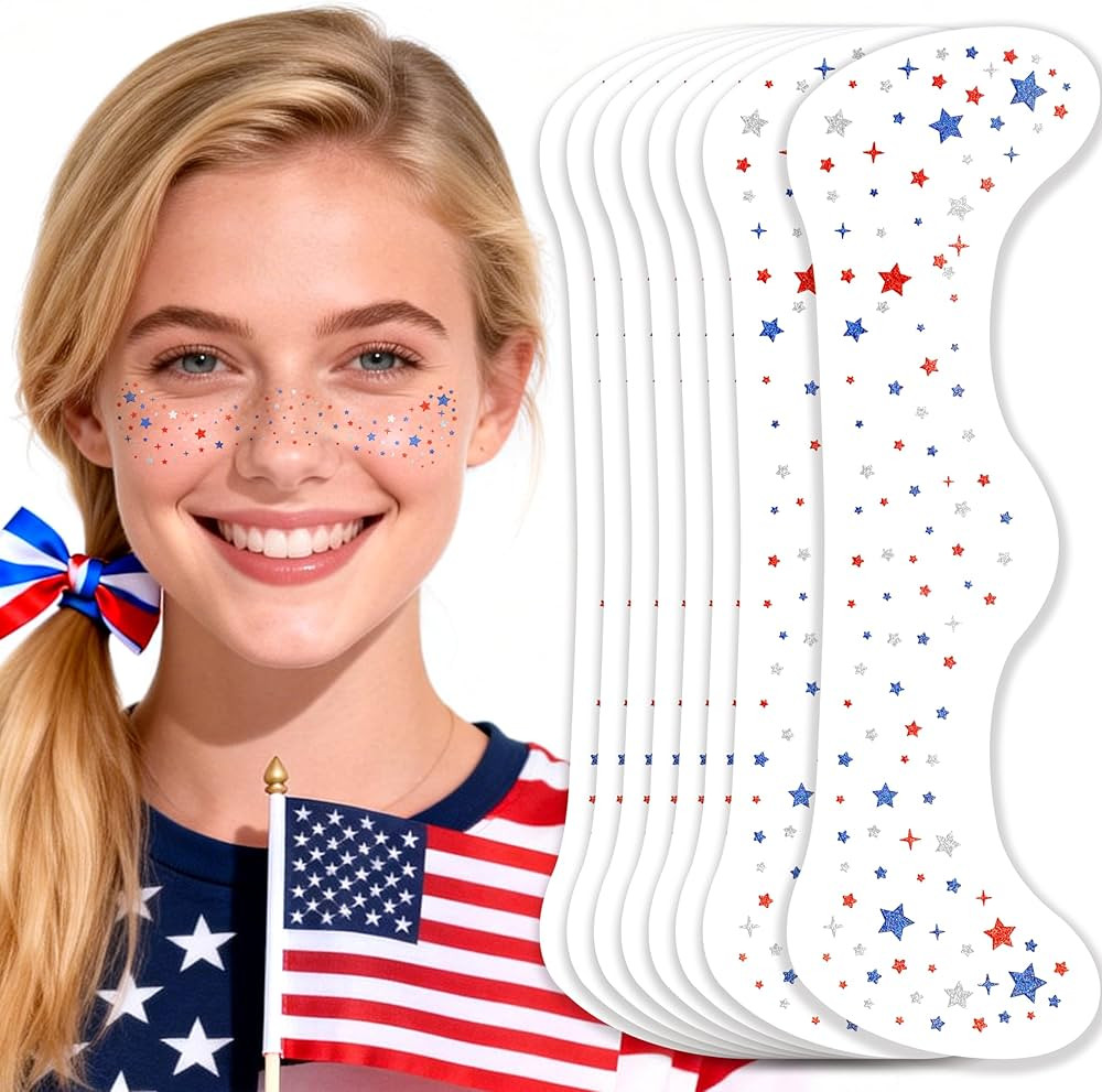 MEICOLY 4th of July Star Glitter Freckles Face Tattoos 8PCS,Red White and Blue Accessories for Am... | Amazon (US)