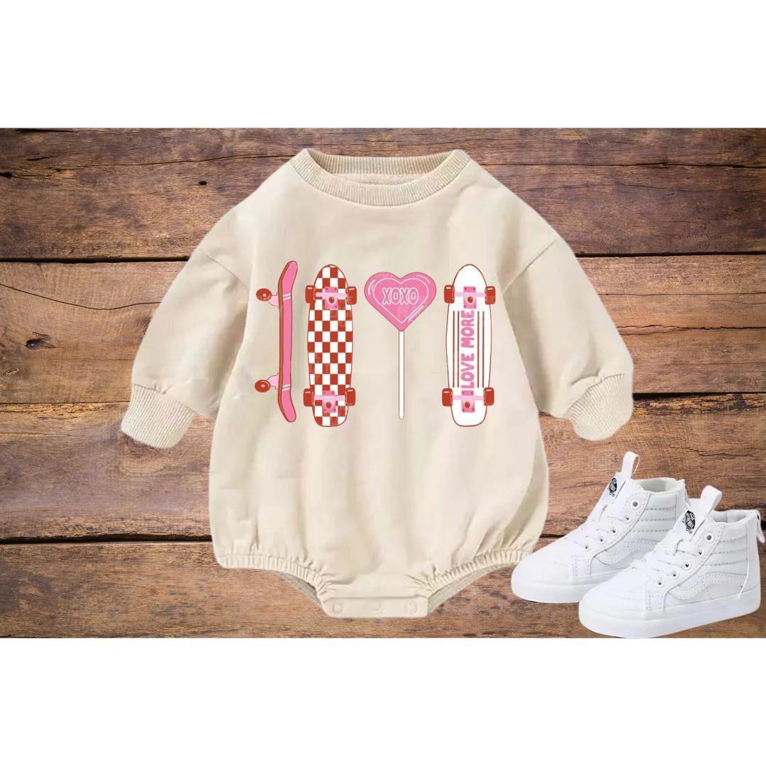 Pink Valentine Skateboard Valentines Bubble Romper, Hoodie, Tee, Union-suit, Boy, Girl, Adult, Ki... | Etsy (US)