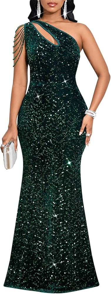 Cololura Women Sequin Elegant Sexy One Shoulder Tassel Mermaid Bodycon Cocktail Evening Dress | Amazon (US)