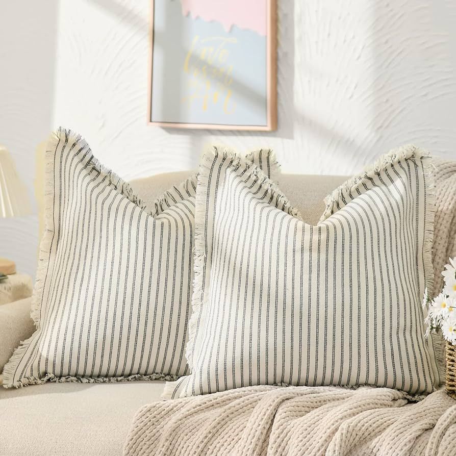 ZWJD Throw Pillow Covers 26x26 Set of 2 Striped Pillow Covers with Fringe Chic Cotton Decorative ... | Amazon (US)
