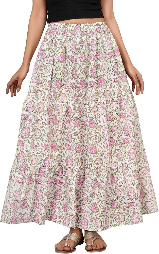 Women Cotton Maxi Skirt with Elastic Waist, Boho Style Hand Block Print Skirt Long | Amazon (US)