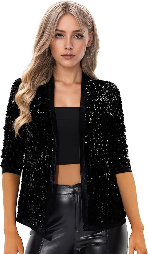 Allegra K Women's Sequin Cardigan 3/4 Sleeve Open Front Velvet Sparkle Jacket Party Glitter Blaze... | Amazon (US)