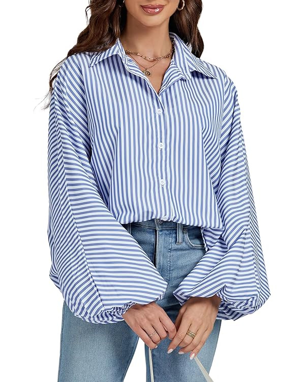 Women's Striped Print Bishop Long Sleeve Collar V Neck Button Down Blouse Shirt Top | Amazon (US)