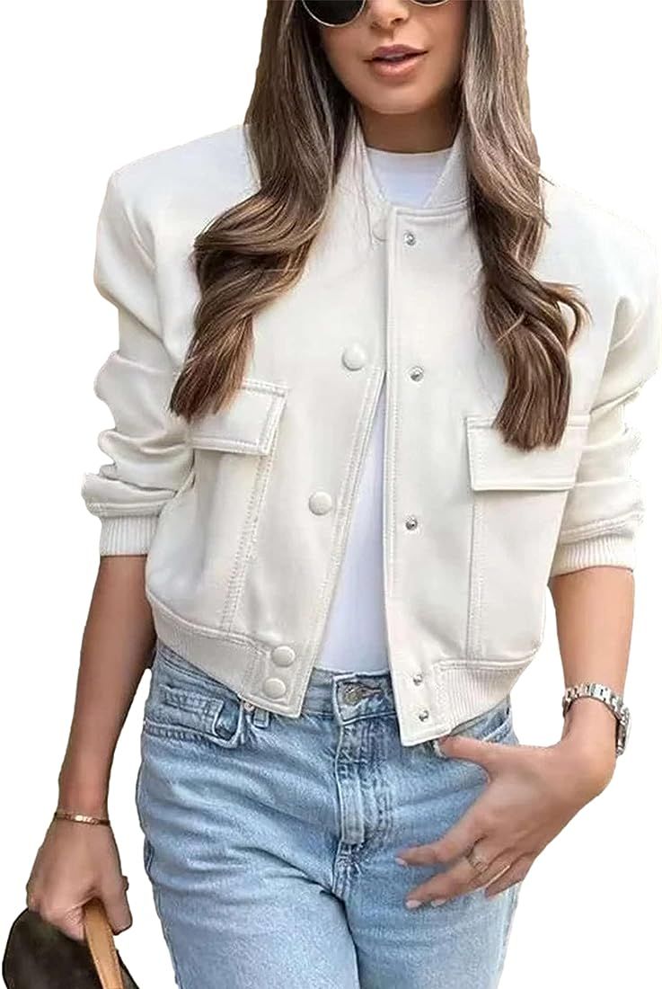 Megfie Womens Cropped Bomber Jacket Button Down Varsity Jackets Shackets With Pockets | Amazon (US)