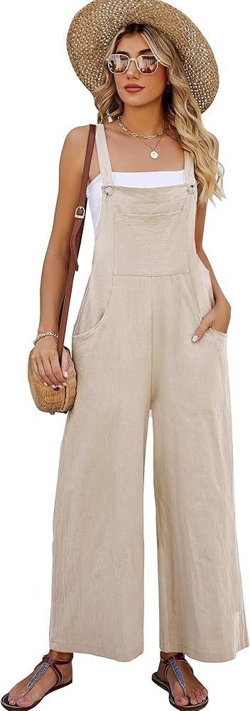 Flygo Womens Cotton Bib Overalls Loose Fit Wide Leg Jumpsuits Casual Rompers with Pockets | Amazon (US)