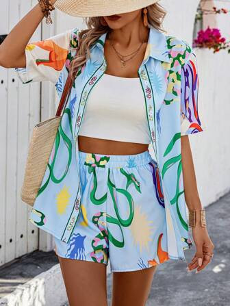 SHEIN VCAY Women's Fashionable Random Printed Shirt & Shorts Set | SHEIN