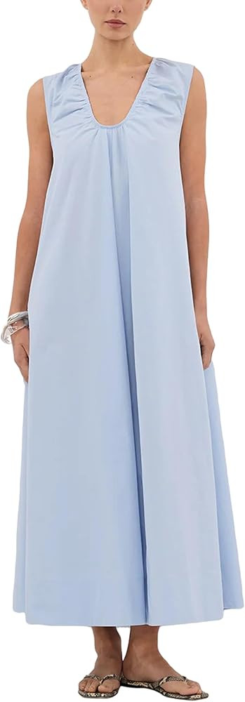 Majdan Womens Maxi Dress Cotton Scoop Neck Ruched Oversized Long Dress Sleeveless Beach Sundress ... | Amazon (US)