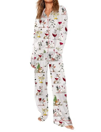 SHESHOW Christmas Pajamas for Women Set Long Sleeve Satin Pjs Goblet Snowman Funny Christmas Pajamas Womens XS | Amazon (US)