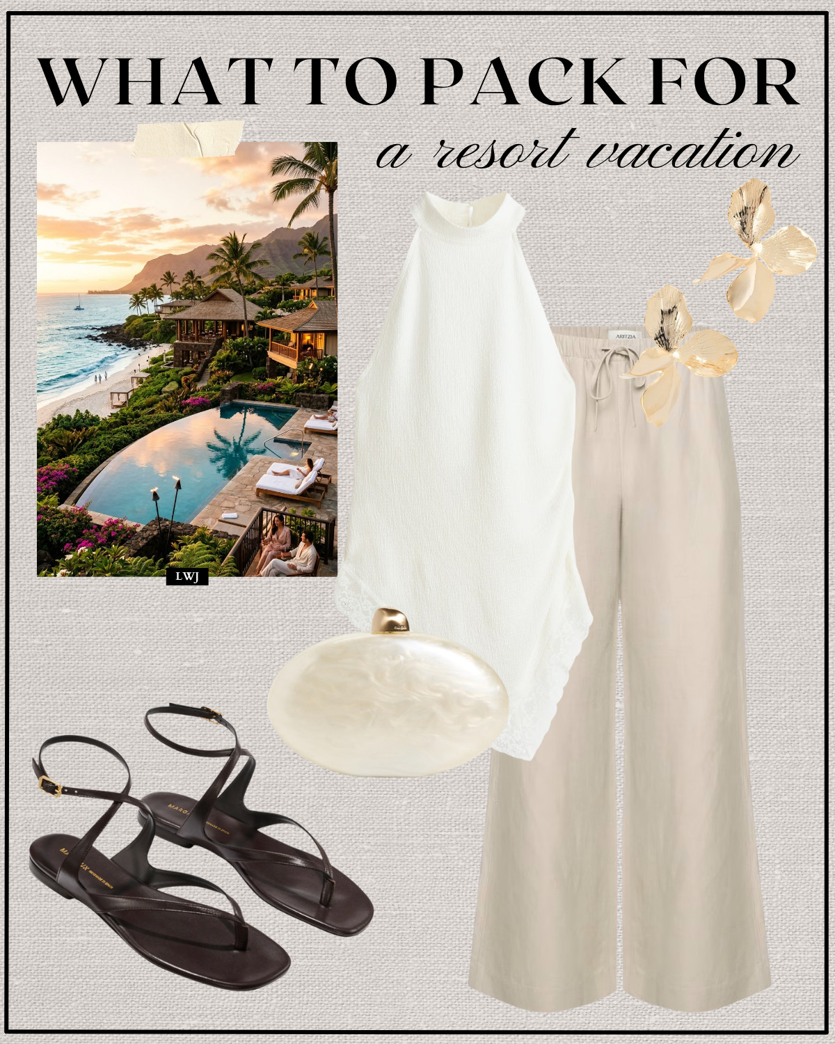 resort vacation outfit 

travel outfit / beach outfit / summer vacation / asymmetrical white top / aritzia lodge linen pants / pearl clutch / gold statement earrings / strappy sandals  

 

#LTKTravel
