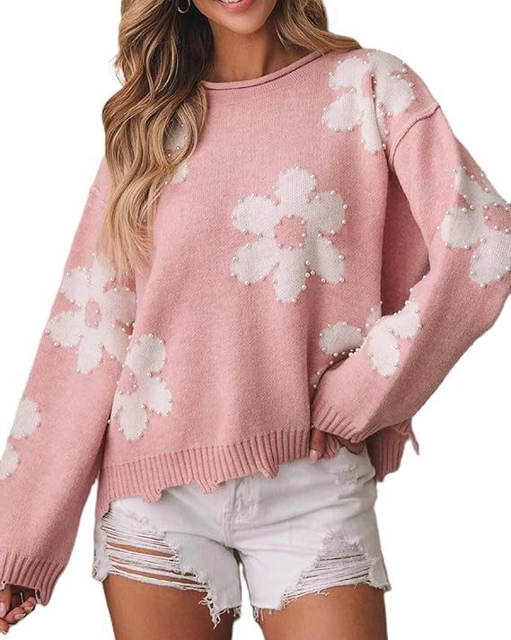 Women's Cute Heart Sweater Love Print Valentines Day Knitted Top Casual Crewneck Long Sleeve Swea... | Amazon (US)