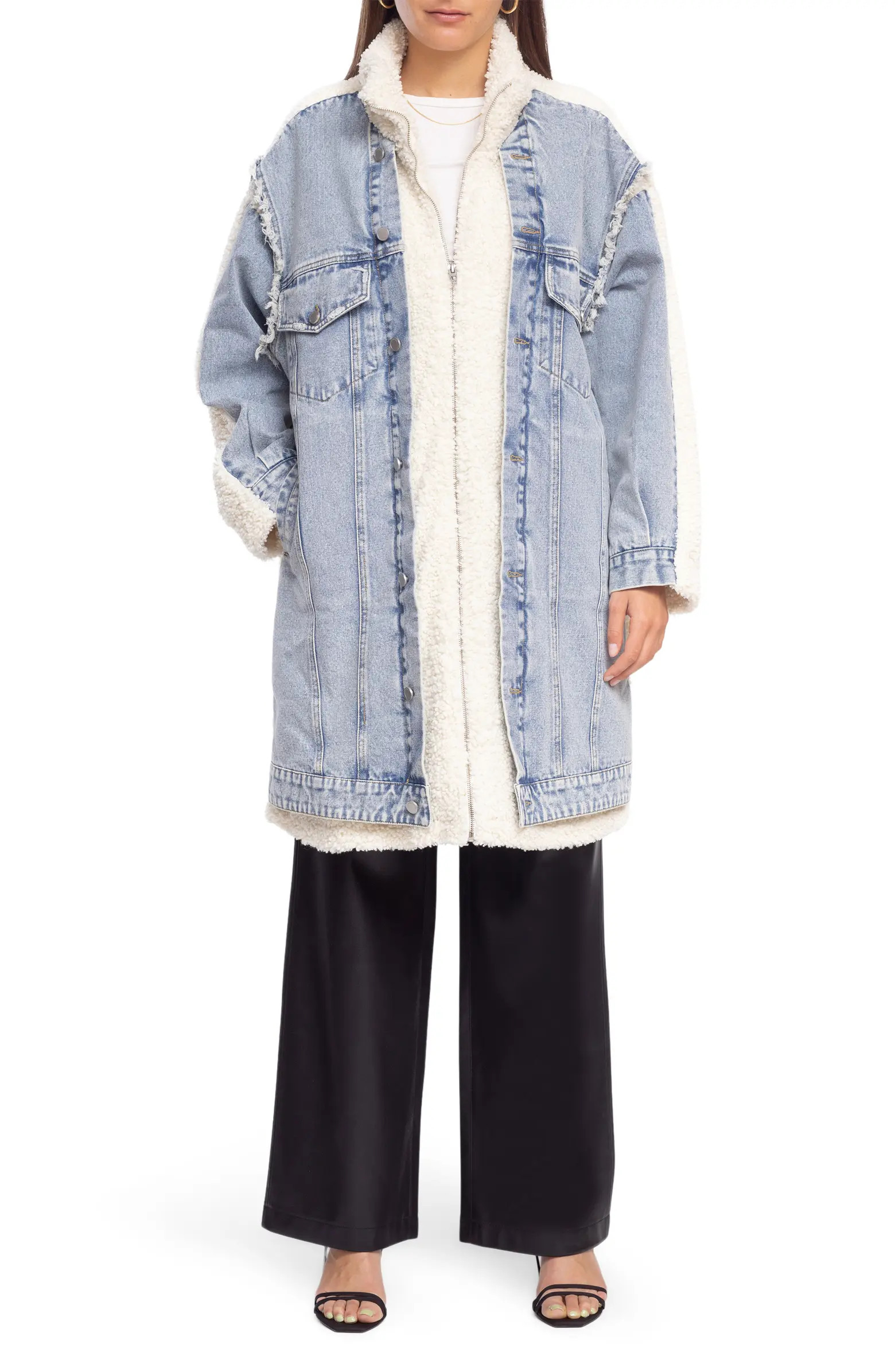 Longline Denim & Faux Shearling Trucker Jacket | Nordstrom