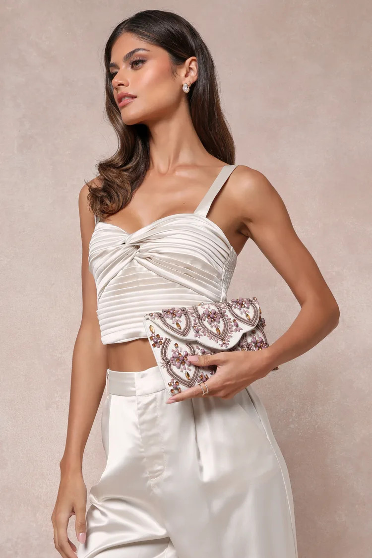 Unrivaled Aesthetic Ivory and Mauve Rhinestone Beaded Clutch | Lulus