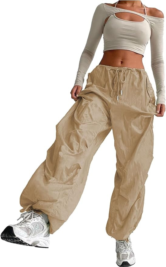 ONIRIKE Womens Parachute Pants Drawstring Elastic Low Waist Sweatpants Loose Baggy Y2K Cargo Pant... | Amazon (US)