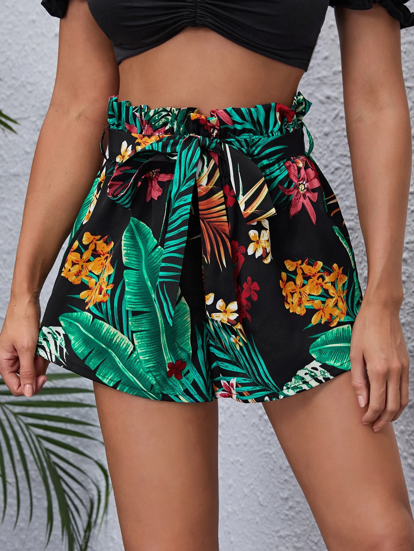 SHEIN Tropical Print Paperbag Waist Belted Shorts
   SKU: swshorts07210305731      
          (16... | SHEIN