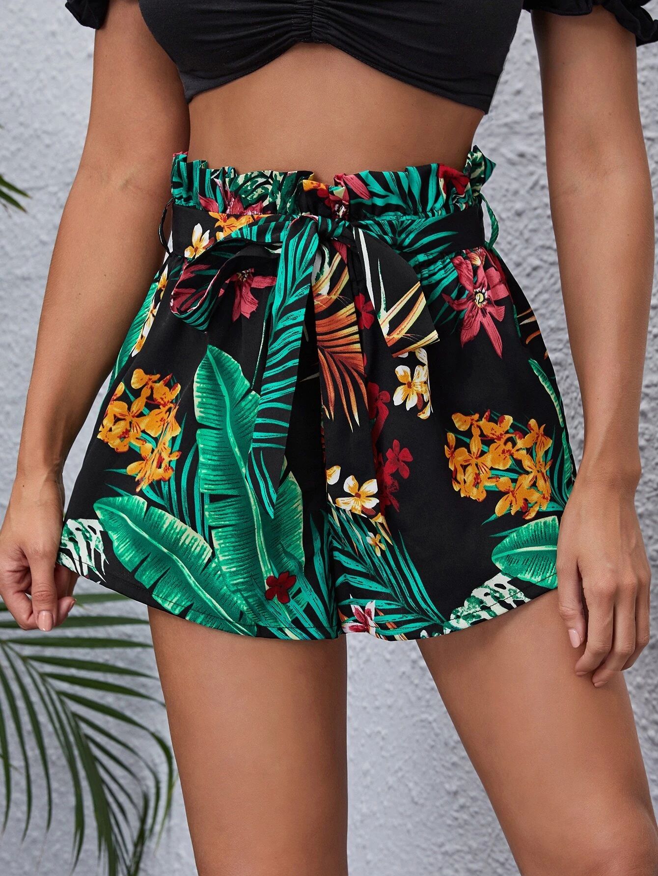 SHEIN Tropical Print Paperbag Waist Belted Shorts
   SKU: swshorts07210305731      
          (16... | SHEIN