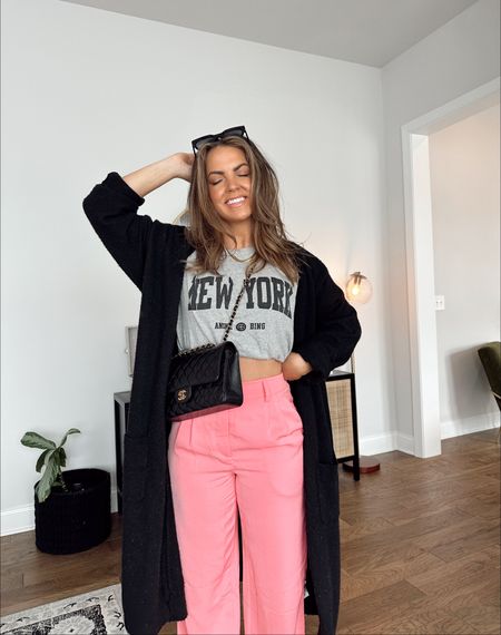 Pink trouser outfit inspo! Anine Bing graphic tee, oversized cardigan, and Chanel outfit inspo

#LTKFind