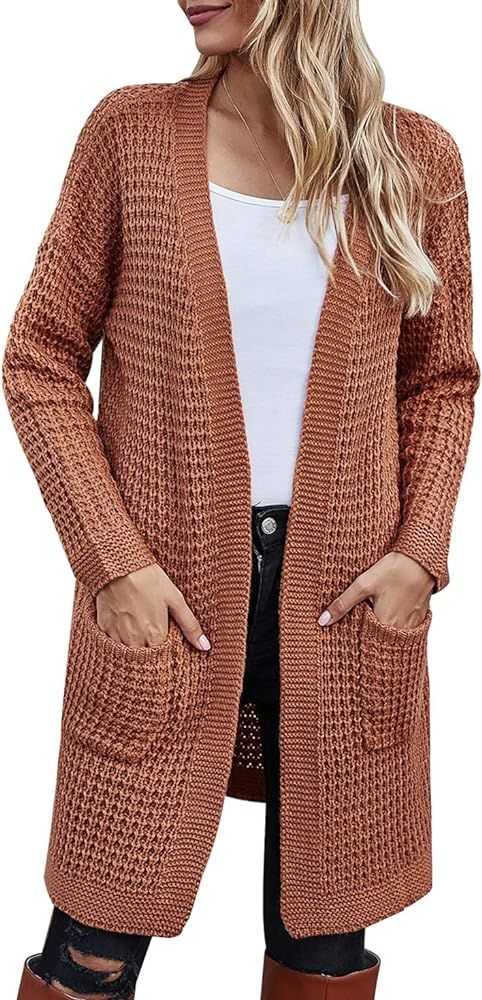 Womens Long Cardigans Waffle Oversized Open Front Knit Sweater with Pockets | Amazon (US)
