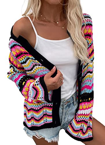 CORIRESHA Women's Multicolored Striped Crochet Knit Cardigan Crew Neck Flared Sleeve Button Y2K Sweater Coat | Amazon (US)