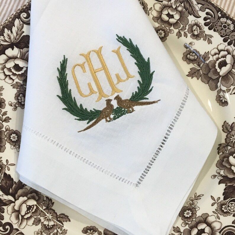 Read the full title
    Monogram Pheasant Linen/Cotton Dinner Napkin Embroidered Table Linens | Etsy (US)