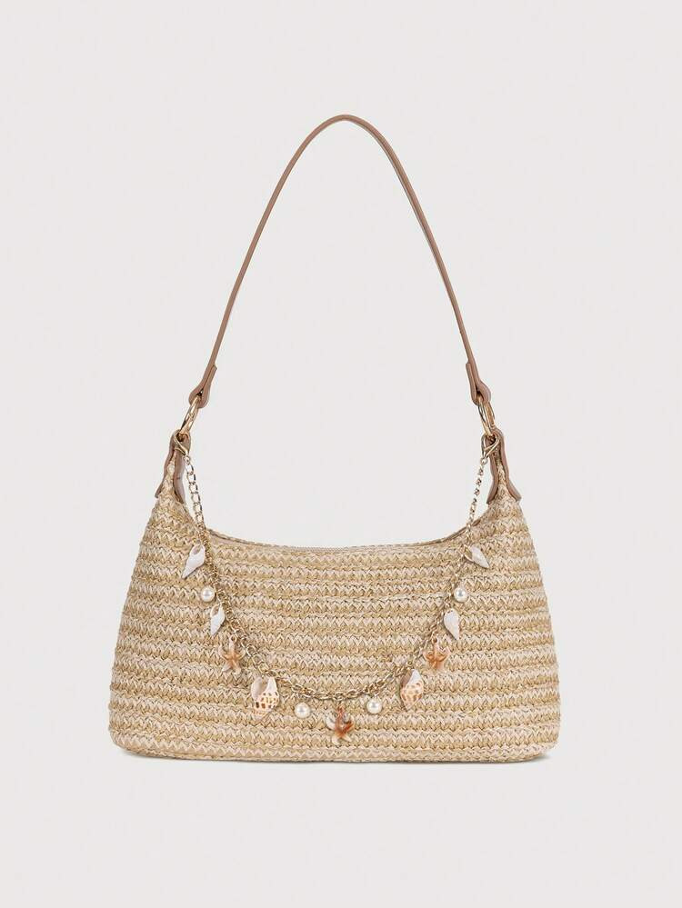 Minimalist Straw Bag With Shell, Pearl, Starfish Chain Decor, Zipper Closure Shoulder Bag, Hobo Bag, Suitable For Daily Use And Vacation, Summer Beach Style (Natural Shell Accessories May Occasionally Have Minor Damages During Transportation) | SHEIN