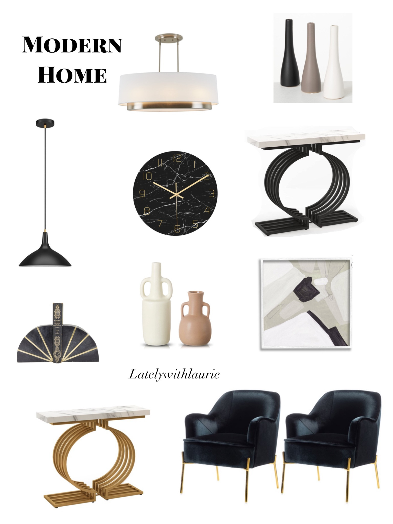 Modern home decor. Modern entryway table, modern vases, modern wall art, modern accent chair, modern clock, modern light pendant, modern clock for the living room, dining room, home office, master bedroom

#LTKhome #LTKfamily #LTKFind